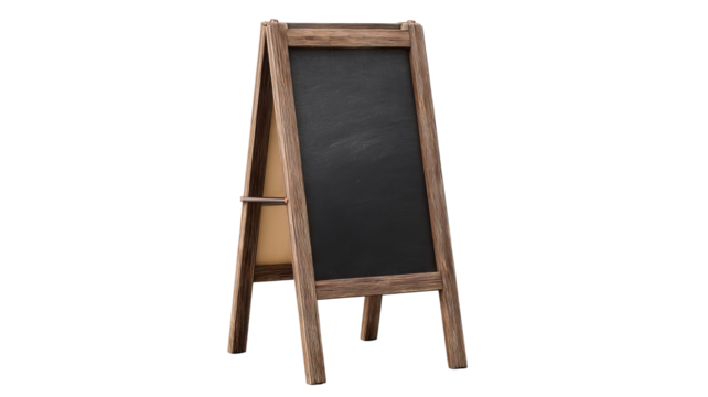 Chalkboard message stand for indoor café signage — freestanding wooden menu board, modern décor, front view, isolated on transparent background cutout; ideal for coffee shop promotions - Powered by Adobe