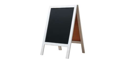 Chalkboard message stand for indoor café signage — freestanding wooden menu board, modern décor, front view, isolated on transparent background cutout; ideal for coffee shop promotions