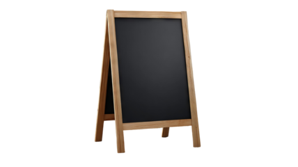 Chalkboard message stand for indoor café signage — freestanding wooden menu board, modern décor, front view, isolated on transparent background cutout; ideal for coffee shop promotions
