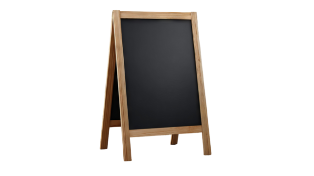 Chalkboard message stand for indoor café signage — freestanding wooden menu board, modern décor, front view, isolated on transparent background cutout; ideal for coffee shop promotions - Powered by Adobe