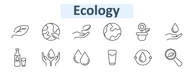Fototapeta premium Ecology set icon. Leaf, globe, hand with leaf, pot plant, water drop, bottle, glass, recycle arrow, magnifier in eco-focused line art style