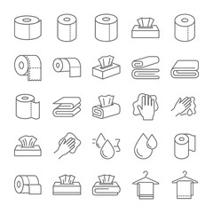 Cleansing Essentials: A comprehensive collection of line art icons representing various hygiene products, providing an informative guide to personal care and sanitation.