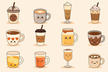 Set of warm drinks like coffee, tea or chocolate dessert for autumn or fall on an isolated background. Collection of hot beverages and fast food as characters in Kawaii style for winter or Christmas