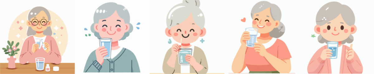 vector of a grandmother drinking a glass of water