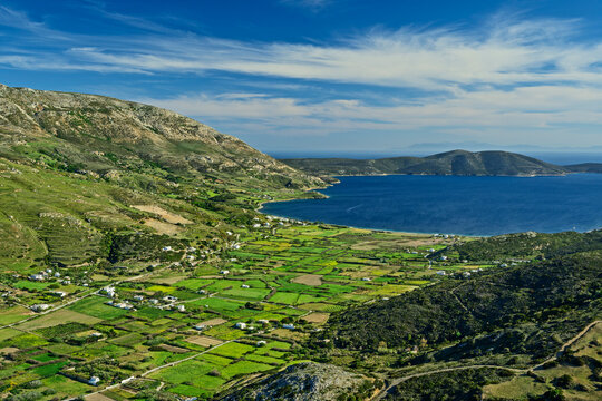 Aerial view of Skyros coast and green fields towards Kalamitsa bay