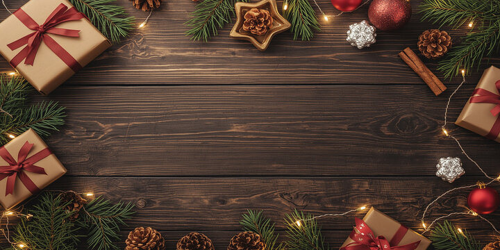 A festive flat lay Christmas composition on a dark wooden background, featuring wrapped gift boxes with red ribbons, pine branches, pinecones, cinnamon sticks, fairy lights, and decorative ornaments,  - Powered by Adobe