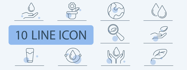 Ecology set icon. Water drop, hand, magnifier, plant, earth, leaf, glass, recycle symbol outlined with minimal lines in nature conservation theme.
