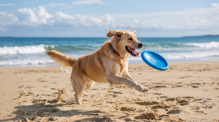 Dog bounds after frisbee on beach