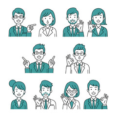Diverse Professionals Expressing: A collection of meticulously illustrated business professionals conveying different expressions of positivity. Each character exemplifies professionalism.