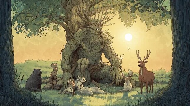 The Leshy depicted as a towering forest giant, mythological Slavic spirit blending with ancient trees in a mystical woodland scene.
