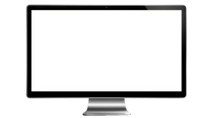 Realistic computer monitor mockup — silver desktop display with slim bezel, blank screen template, front view isolated on white, high-resolution PNG cutout with transparent background