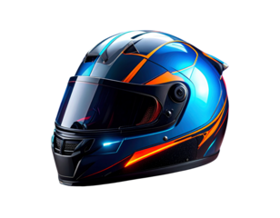 A - Racing Helmet with Dynamic Neon Blue and Orange Graphics, Angled Top-Down View, Isolated on Transparent Background