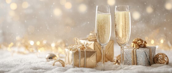 The elegant champagne flutes beside beautifully wrapped gifts in winter snow.