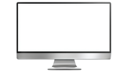 Realistic computer monitor mockup — silver desktop display with slim bezel, blank screen template, front view isolated on white, high-resolution PNG cutout with transparent background
