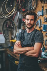 Morning in a bike repair shop with tools on the wall A young man offers free tune-ups for delivery workers The mood is generous and hardworking, Generative AI
