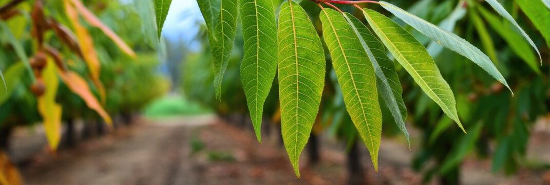 Pecan Leaf. Agricultural Background with Young Pecan Tree Orchard in Beautiful Countryside