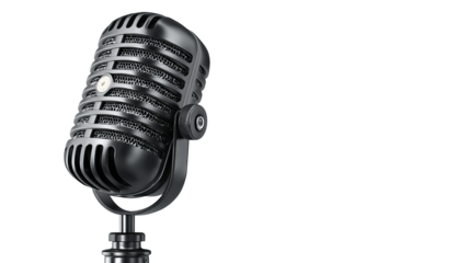 Studio condenser microphone on adjustable stand isolated on transparent background — high-resolution PNG cutout for podcasting, live streaming, voiceover, music recording and broadcasting