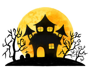 Watercolor Haunted House with Full Moon for Halloween Decorations and Posters, Watercolor Spooky Halloween  Clipart for Party Invitations