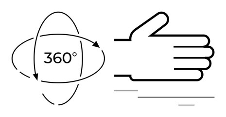 Hand in motion beside circular arrows forming a 360-degree icon, symbolizing rotation, perspective, navigation, movement, interaction, flexibility, visualization. Ideal for technology creativity
