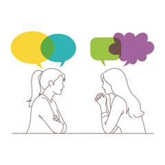 Dialogue in lines: Two women, engaged in a deep discussion, share thought bubbles symbolizing the intricate exchange of ideas, with each woman in different positions.