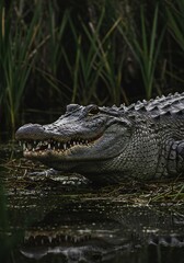 Obraz premium American Alligator Resting Along the Swamp Edge Wildlife Reptile