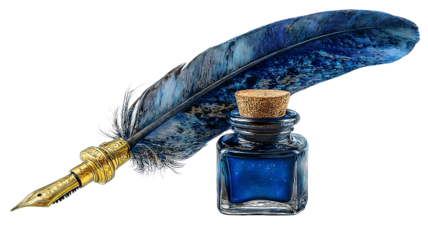 Elegant blue feather quill pen in glass ink bottle — high-resolution isolated PNG style with transparent background feel, ideal cutout for calligraphy art, writing themes, stationery design