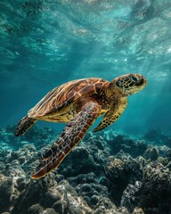 Fototapeta premium Sea Turtle Species. Green Turtle with Beautiful Shell Swimming in Hawaii Reef