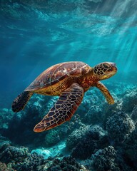 Obraz premium Sea Turtle Species. Green Sea Turtle with Vibrant Shell Swimming in Hawaii's Coral Reef