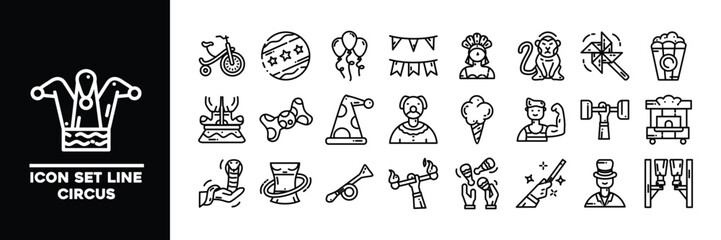Circus-Themed Icon Set Featuring Line Art With Fun and Whimsical Designs.