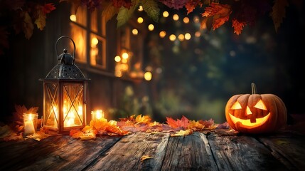 Halloween Light & Shadow Art: Carved Pumpkin Textures & Leaf Veins in Wide-Angle with Bokeh Ambiance