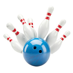 A blue bowling ball striking white pins in a dynamic action shot isolated on transparent background