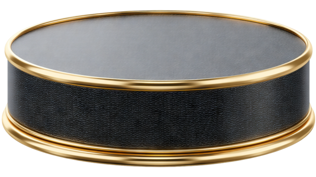 Round black display stand with gold rim — elegant presentation podium, high-resolution transparent PNG cutout, isolated on clear background, luxury minimalist product pedestal for branding