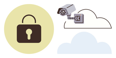 Padlock in a yellow circle and surveillance camera over layered cloud shapes represent digital security. Ideal for cybersecurity, online privacy, cloud storage, data protection, surveillance, safety