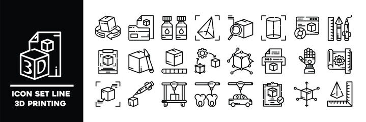 Line Icon Set for 3D Printing Processes and Applications.