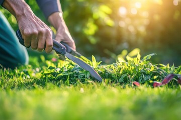 Close-up of Hands Pruning Fresh Green Grass in Beautiful Garden