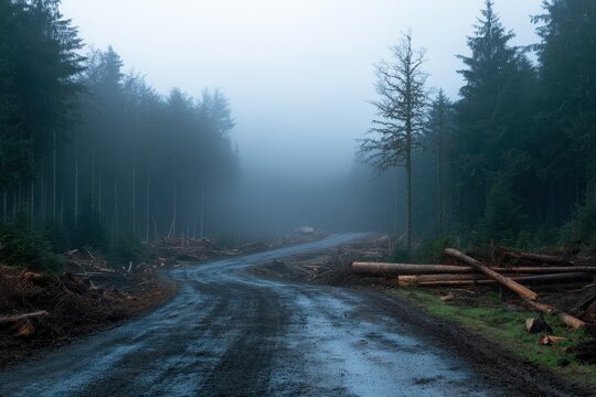 Misty Forest Road Surrounded by Tall Trees and Fallen Logs