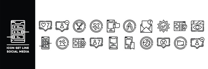 Collection of Social Media Line Icon Set with Various Related symbols.