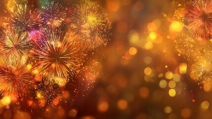 Colorful fireworks bursting in a vibrant display against a warm, golden background.