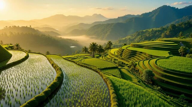 Stunning aerial drone footage captures Bali's iconic terraced rice fields glistening vibrantly in the soft morning sun