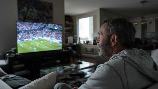 Focused on the Game: A middle-aged individual immersed in a soccer game on the big-screen television. Capturing the moment of engagement, conveying a sense of leisure, comfort.