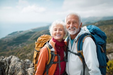 Senior couple, smiling and embracing, wearing hiking gear with backpacks, enjoying a scenic mountain view, showcasing adventure and companionship in nature