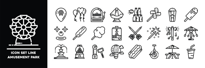 Line Icon Set Depicting Amusement Park Attractions and Elements.