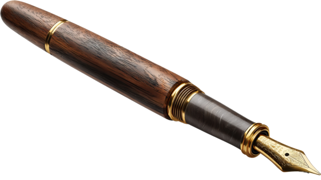 Elegant wooden fountain pen with polished gold nib, high-resolution isolated PNG cutout on transparent background, premium stationery design element for branding, luxury writing accessories