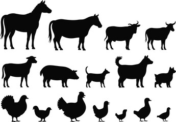 Silhouette of farm animals, horses, cows, goats, pigs, dogs, chickens, ducks, vector illustration, black and white rural livestock collection