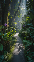 Naklejka premium A sunlit path through a dense tropical forest with lush green foliage