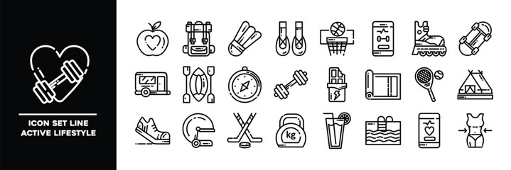 Set of Active Lifestyle Line Icons Representing Sports and Fitness Activities.