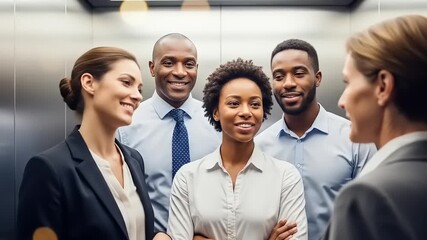 Group of professionals engaged in conversation inside an elevator, conveying teamwork and collaboration
