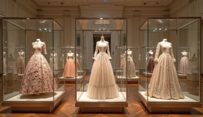 A beautifully arranged luxurious evening gowns in a range of vibrant colors with soft lighting. The photo emphasizes fabric textures, flowing silhouettes, and sophisticated fashion styling