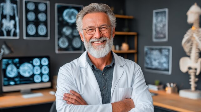 Smiling male doctor poses confidently in a modern clinic with medical charts and equipment on display