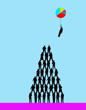 Silhouettes forming teamwork pyramid with one figure reaching success